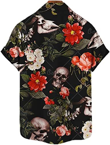 Men's Fashion Print Shirts Skull T-Shirts Casual Loose Hawaiian Shirts