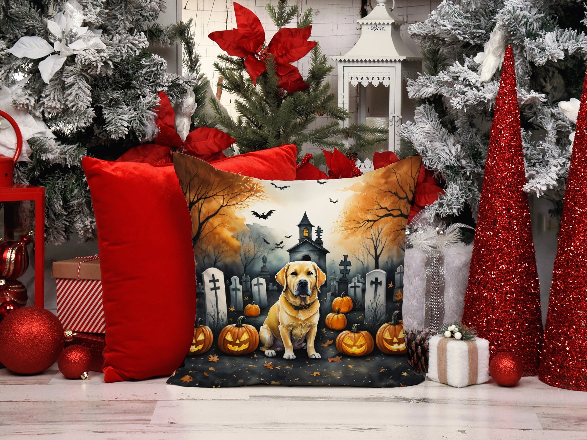 Yellow Labrador Retriever Spooky Halloween Throw Pillow Machine Washable, Indoor Outdoor Decorative Pillow for Couch, Bed or Patio, 14Hx14W