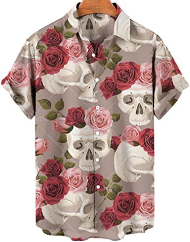 Men's Fashion Print Shirts Skull T-Shirts Casual Loose Hawaiian Shirts