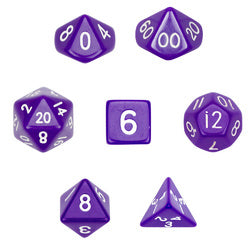 Jeu de 7 dés polyédriques dans une pochette en velours, violet opaque