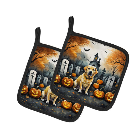 Yellow Labrador Retriever Spooky Halloween Pair of Pot Holders Kitchen Heat Resistant Pot Holders Sets Oven Hot Pads for Cooking Baking BBQ, 7 1/2 x 7 1/2