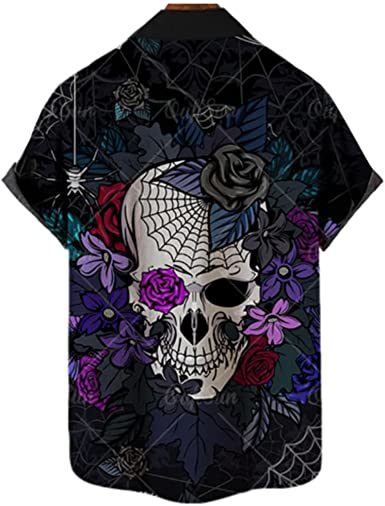 Men's Fashion Print Shirts Skull T-Shirts Casual Loose Hawaiian Shirts