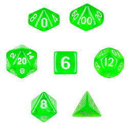 Ensemble de 7 dés polyédriques dans une pochette en velours - Vert translucide