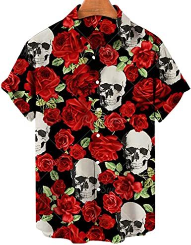 Men's Fashion Print Shirts Skull T-Shirts Casual Loose Hawaiian Shirts