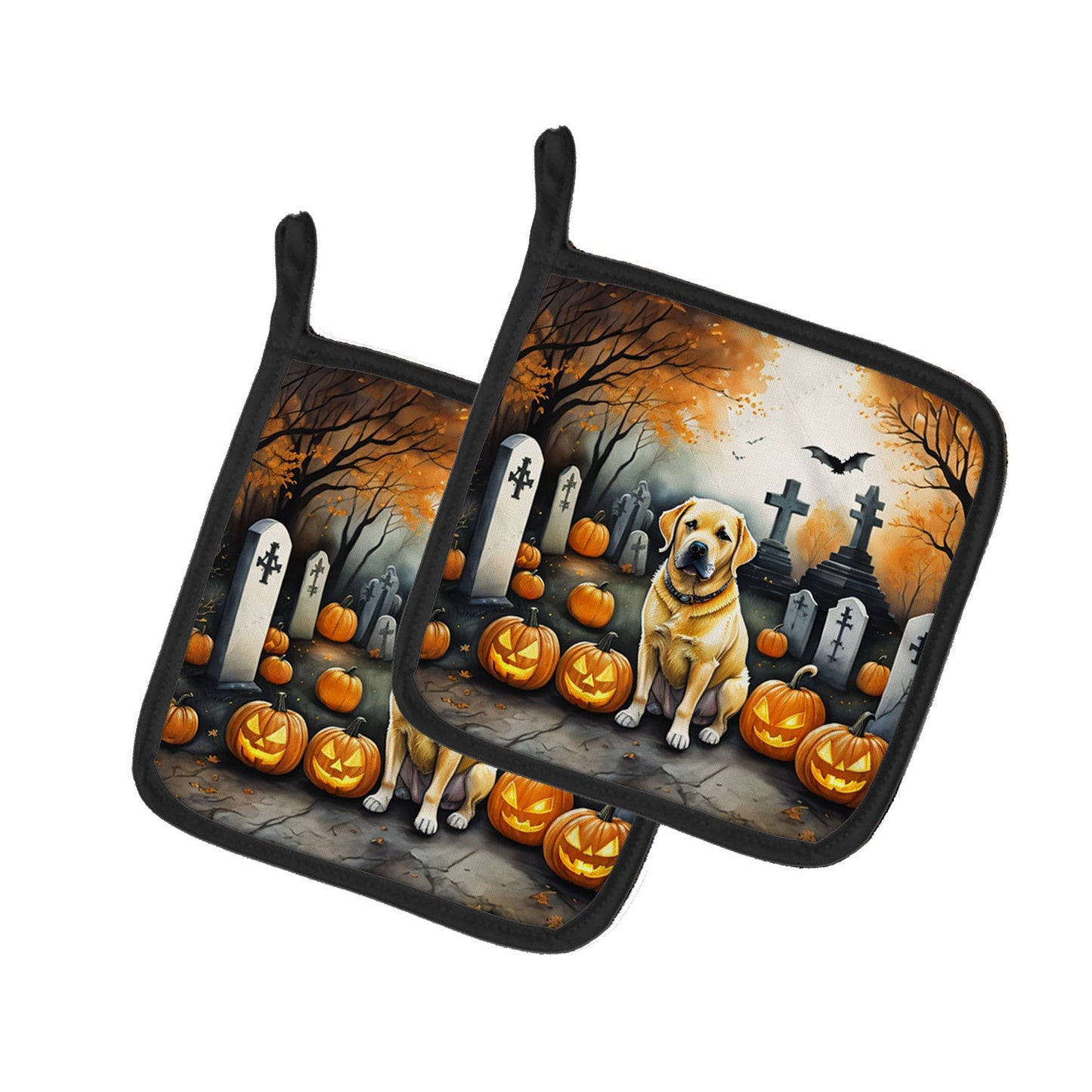 Yellow Labrador Retriever Spooky Halloween Pair of Pot Holders Kitchen Heat Resistant Pot Holders Sets Oven Hot Pads for Cooking Baking BBQ, 7 1/2 x 7 1/2