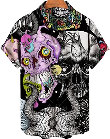 Men's Fashion Print Shirts Skull T-Shirts Casual Loose Hawaiian Shirts