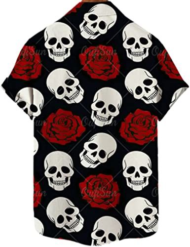 Men's Fashion Print Shirts Skull T-Shirts Casual Loose Hawaiian Shirts