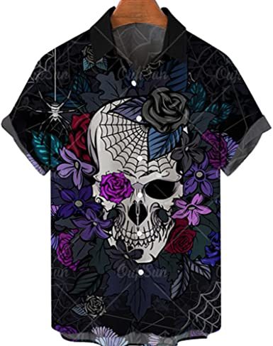 Men's Fashion Print Shirts Skull T-Shirts Casual Loose Hawaiian Shirts