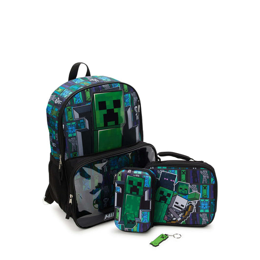 Minecraft Creeper Ensemble sac à dos et sac à déjeuner pour ordinateur portable 17", 4 pièces, noir