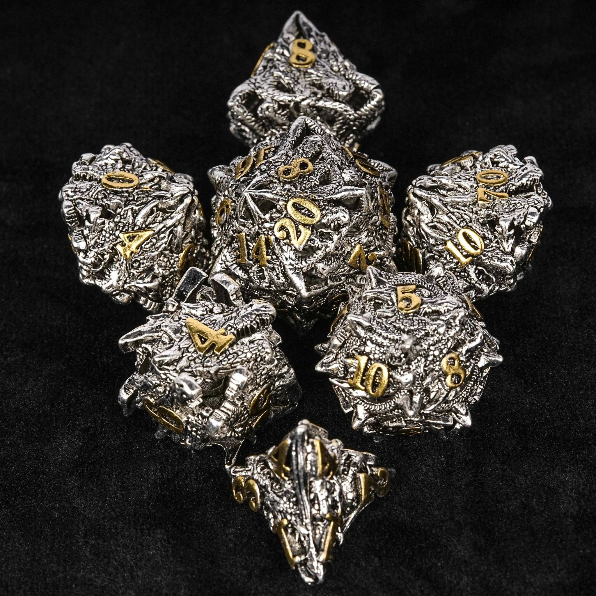 dungeons and dragons silver shaped dragon head metal hollow dice set