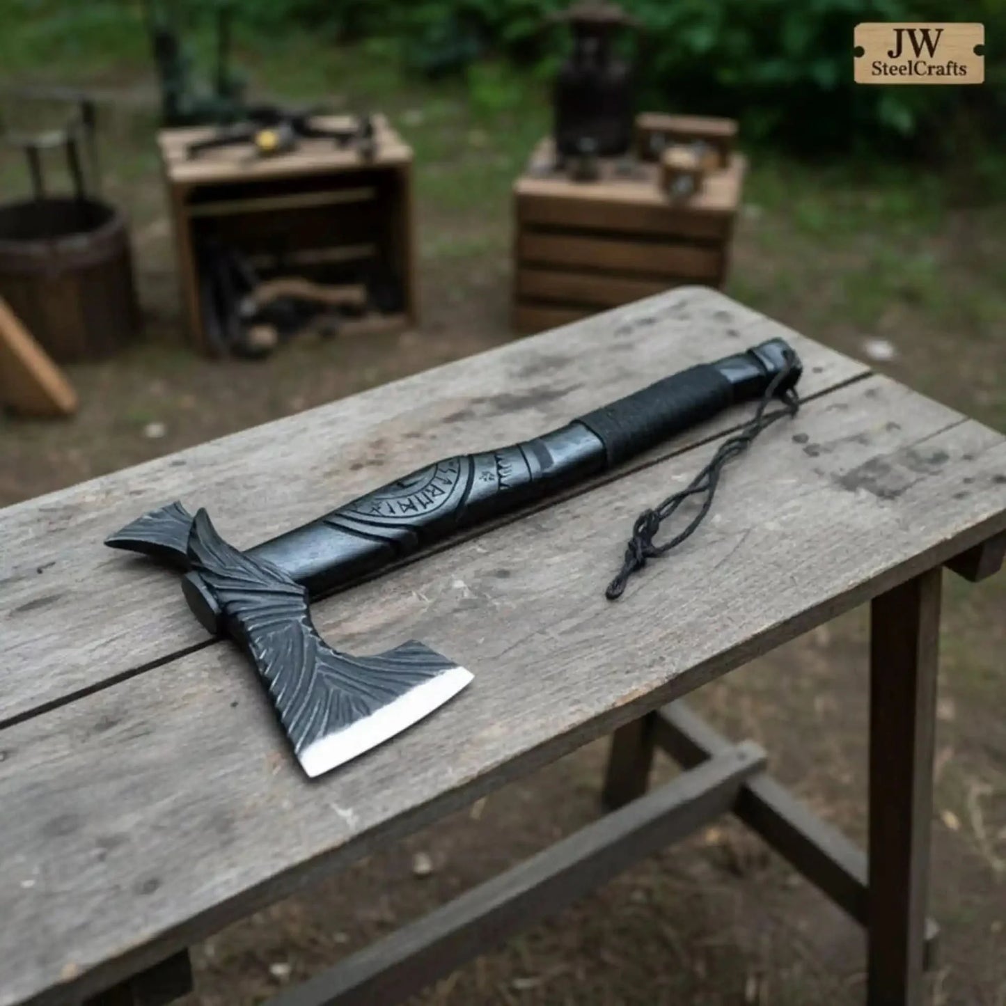 Viking-Style Hand-Carved Battle Axe | Blackened Wood Handle & Leather Sheath