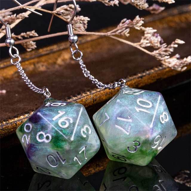 Glitter Green Dice Earrings: D20 Dice Spinning Colors Nerdy RPG Jewelry - 