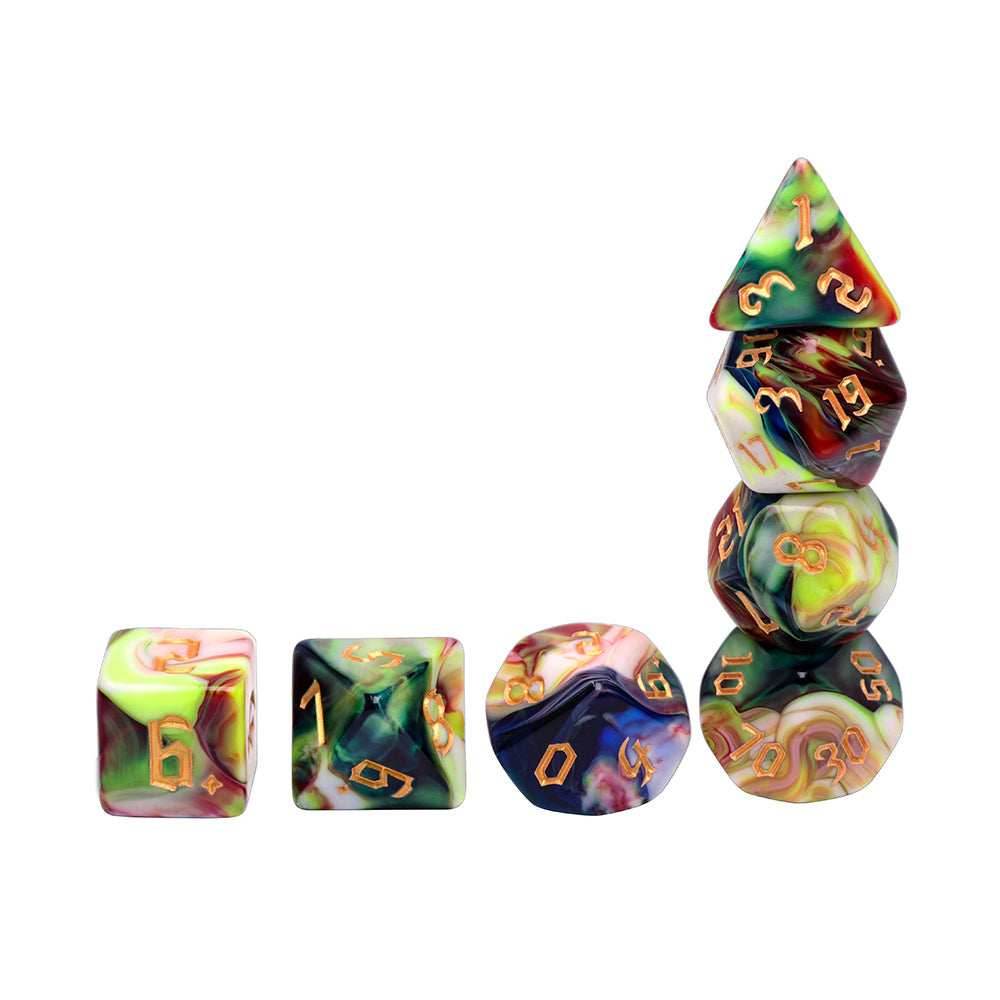 Secret Garden 7-Dice Set Blue/White/Green/Red w/Gold Numbers Dnd Dice Set - 