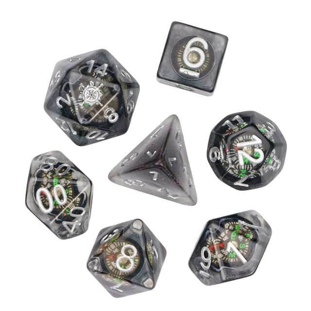 Compass Dice 7-Dice Set Clear w/ Moving Compass Inside Glitter Base Dnd - 
