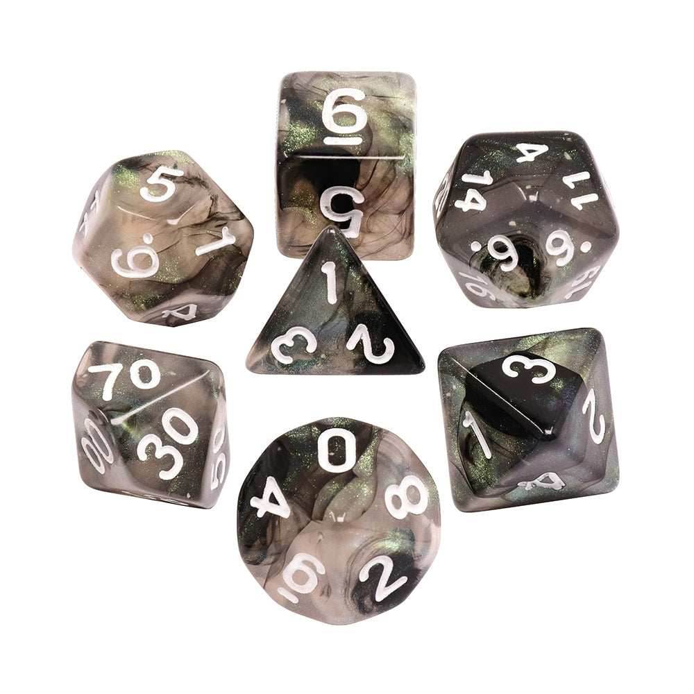 Stellar Explosion 7-Dice Set Black/Silver w/White Numbers Dnd Dice Set (Blacklight reactive) - 
