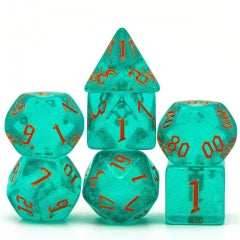 Blue/Teal Glitter Party Dice (Red/Orange font) 7-Dice Set RPG DND - 
