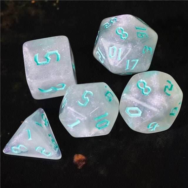 Glitter Party White Glitter Dice (Mint font) 7-Dice Set RPG DND - 