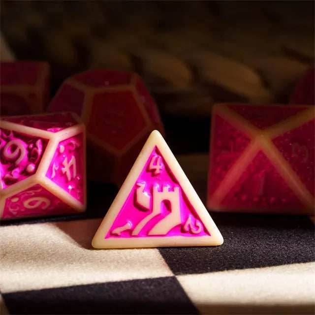 Off-White with Pink Irregular Pattern Fill: 7-Piece Acrylic Dice Set - 