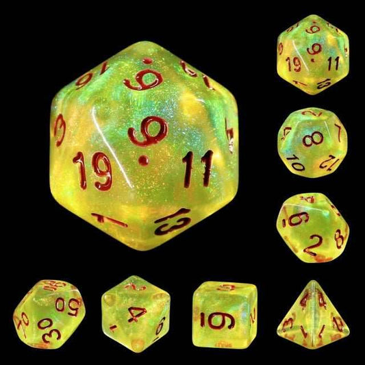 Lemon Yellow Glitter with Red Numbering 7-Dice Set RPG - 
