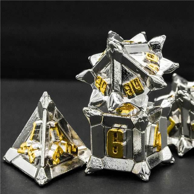 White w/Gold Pinwheel Strengthened Metal 7-Dice Set | Metal DND Dice - 