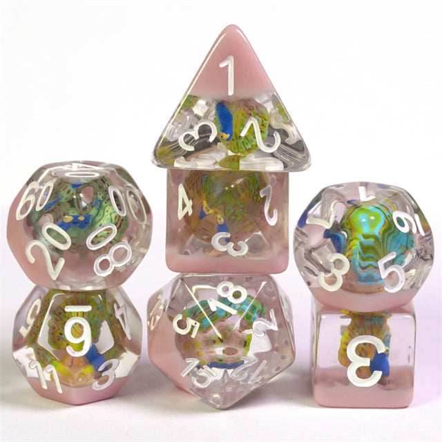Peacock + Pink 7-Dice Set w/White Numbers Dnd Dice Set - 