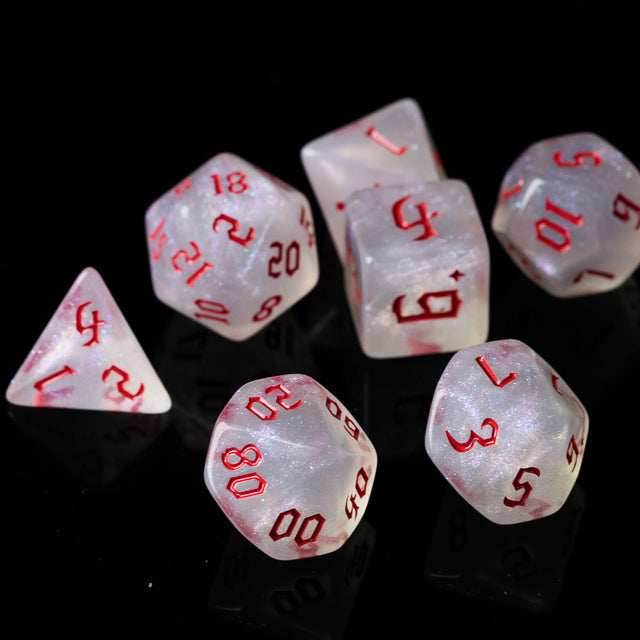 Glitter Party White Glitter Dice (Red font) 7-Dice Set - 
