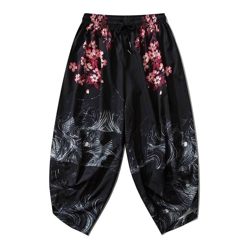 YC135 Pink Flowers Lightweight Pants - Black / S