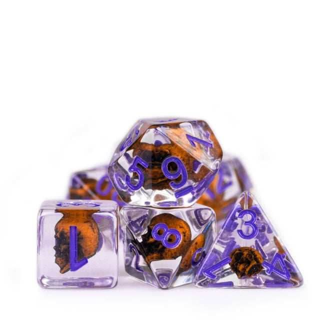 Orange Skull Dice | Clear RPG 7-Dice Set w/ Purple Numbers - 