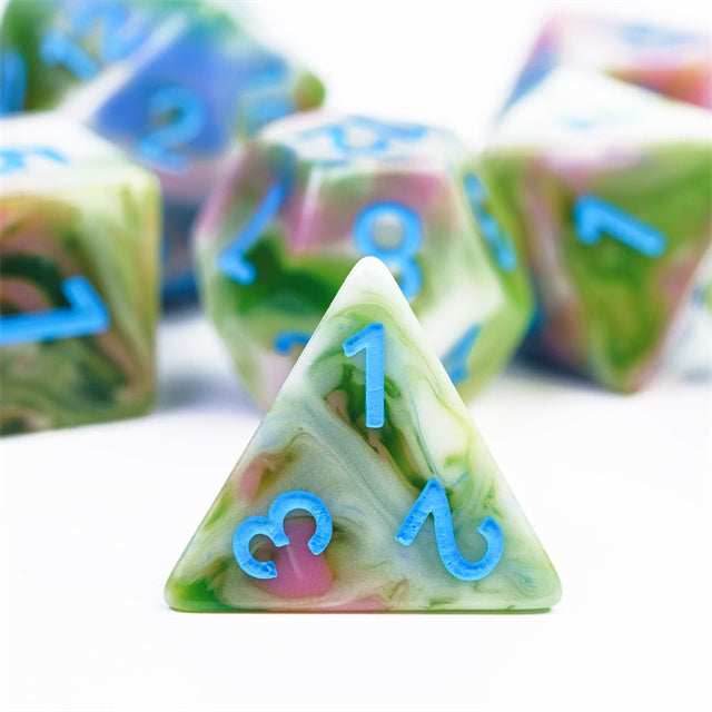 Earthly 4-Color 7-Dice Dnd Dice | Green White Green w/Blue Numbers Set - 