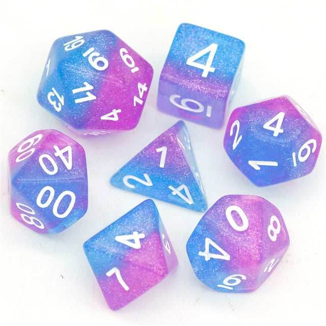 Purple Blue Two Tone 7-Dice Dnd Dice | Glitter w/White Numbers Set - 
