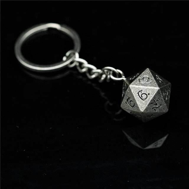 Nickel D20 Keychain Featuring Metal Dragon Font d20 - 