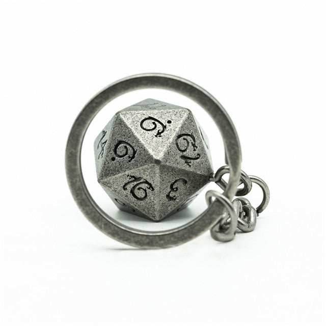 Nickel D20 Keychain Featuring Metal Dragon Font d20 - 