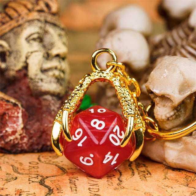 Claw Red D20 Keychain Featuring Gold Metal Dragon Claw + d20 - 