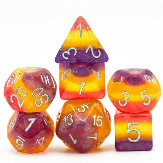 Orange Yellow Purple Glitter Layer 7-Dice Set w/Silver Numbers - 