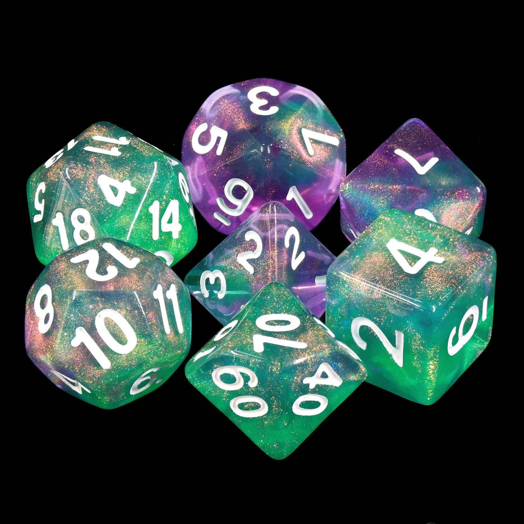 Potions Portion Green/Purple Glitter 7-Dice Set by HendgaDice - 