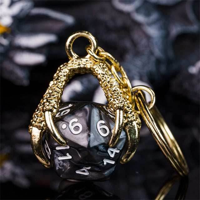 Claw Black D20 Keychain Featuring Gold Metal Dragon Claw + d20 - 