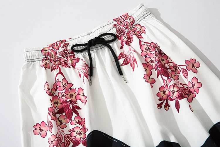 YC135 Pink Flowers Lightweight Pants - White / S