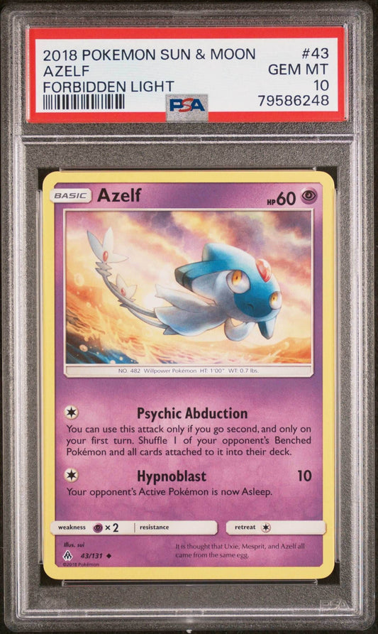 2018 POKEMON SUN & MOON FORBIDDEN LIGHT AZELF #43 - PSA GEM MT 10 - 