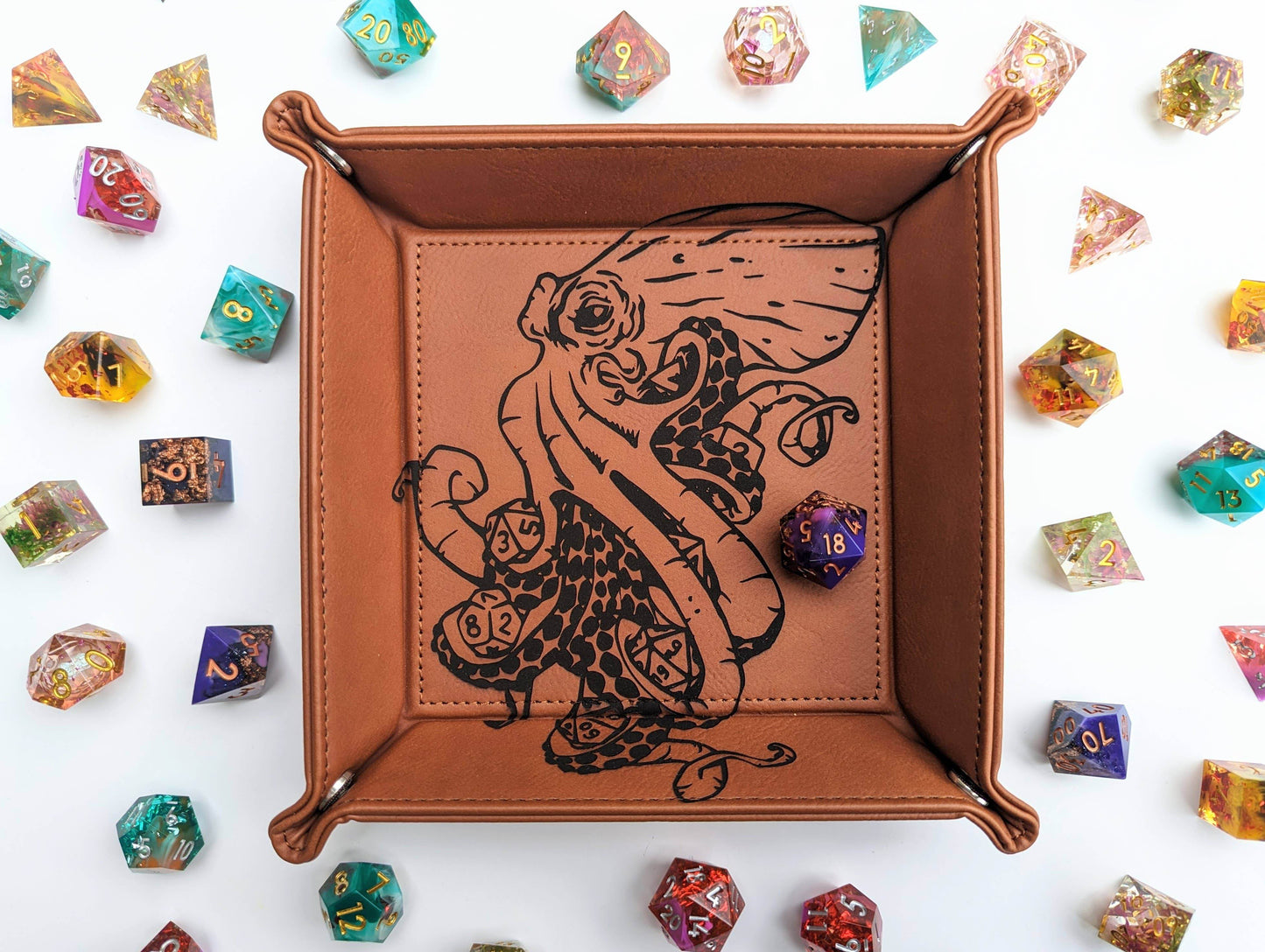 Kraken of Holding - D&D Vegan Leather Dice Rolling Tray - Chestnut