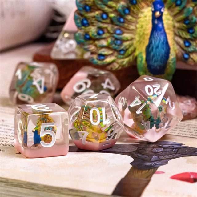 Peacock + Pink 7-Dice Set w/White Numbers Dnd Dice Set - 