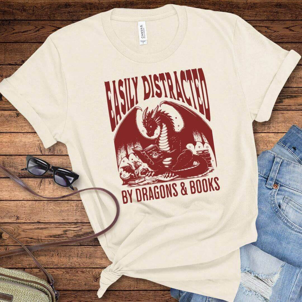 Easily Distracted by Dragons & Books Shirt - Natural / S