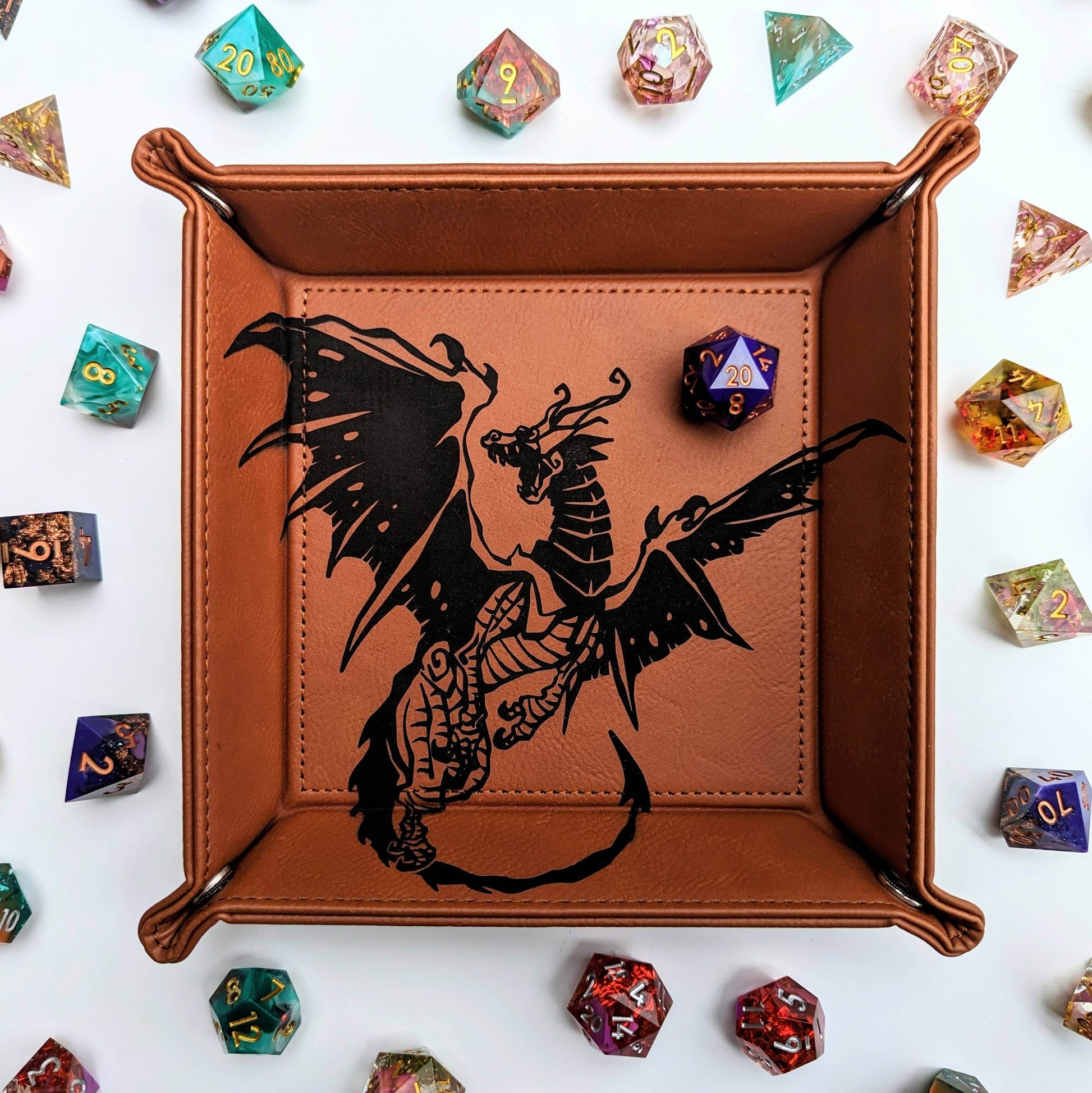 Spawn of Tiamat - D&D Vegan Leather Dice Rolling Tray - Chestnut
