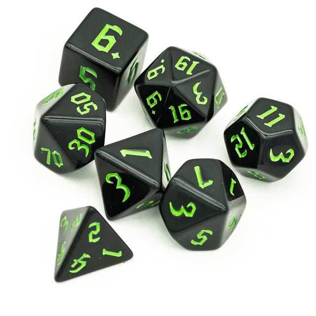 Economy Black Dice (Green font) 7-Dice Set RPG DND - 