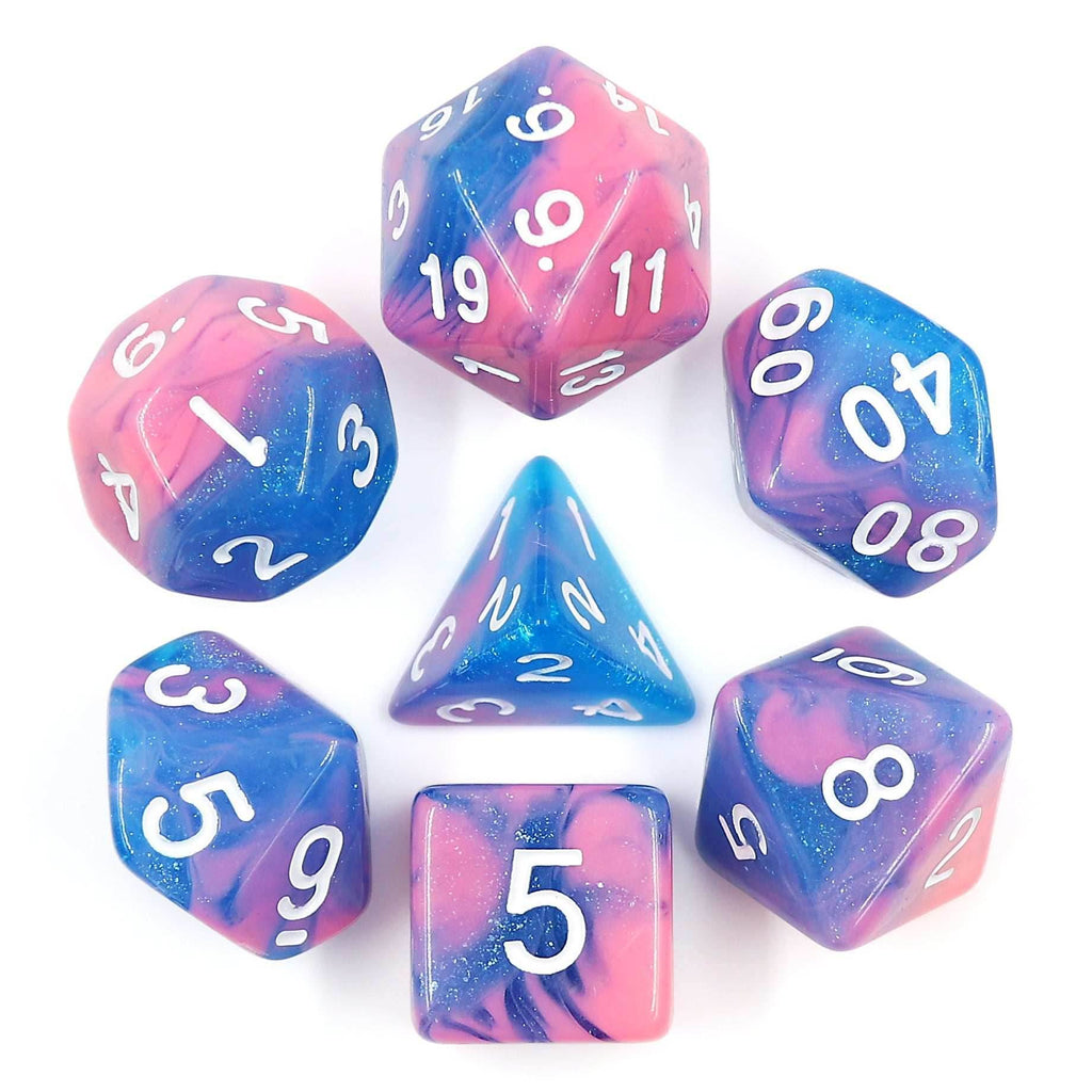 Miami Vice Blue/Pink Glitter/Swirl 7-Dice Set by HendgaDice - 