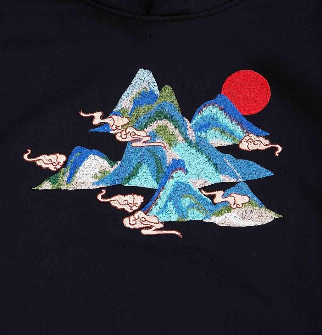 KH9232 Mountains Embroidery Hoodie - Black / S
