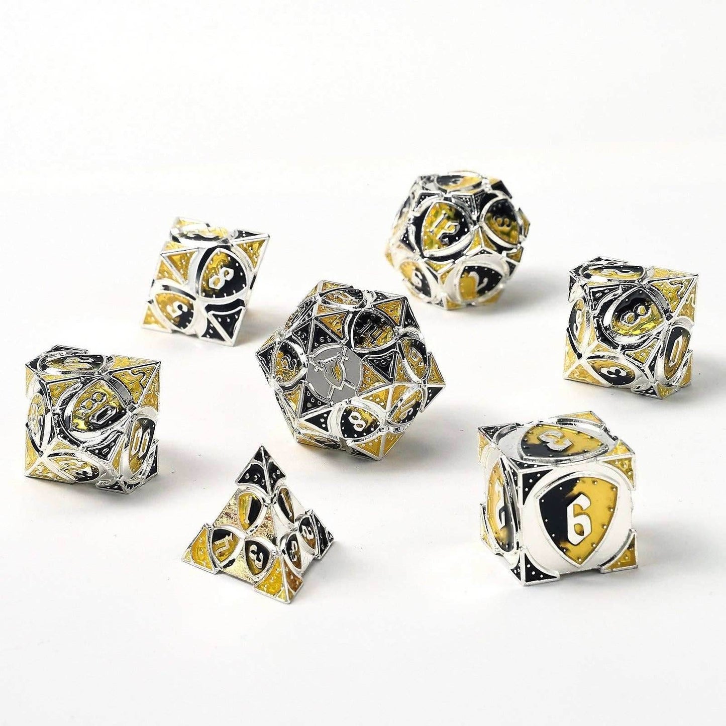 Solid Metal Fighter Class RPG Dice Set - Silver/Yellow/Black - 