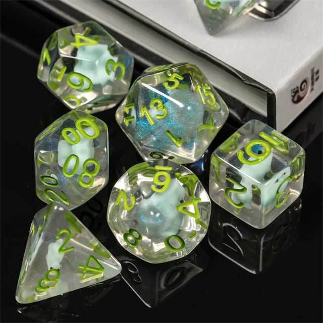 Dinosaur on Glitter 7-Dice Set w/Green Numbers Dnd Dice Set - 