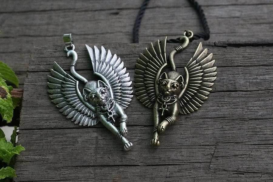 Ancient Egypt Bastet Goddess of Cats Stainless Steel Necklace - Silver