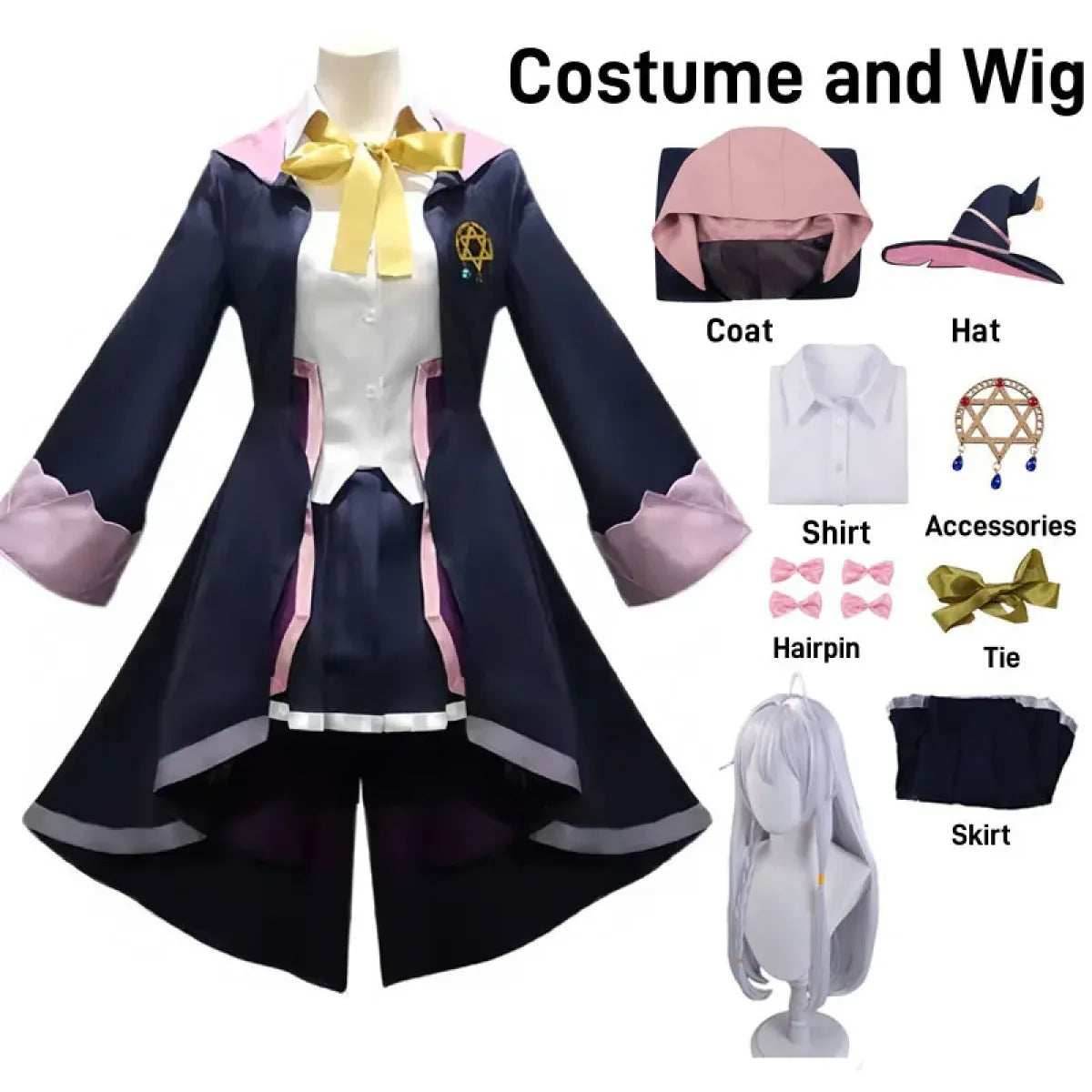 The Journey of Elaina Cosplay Costume - Witch Hat, Wig, Party Dress - S / Costume and Wig