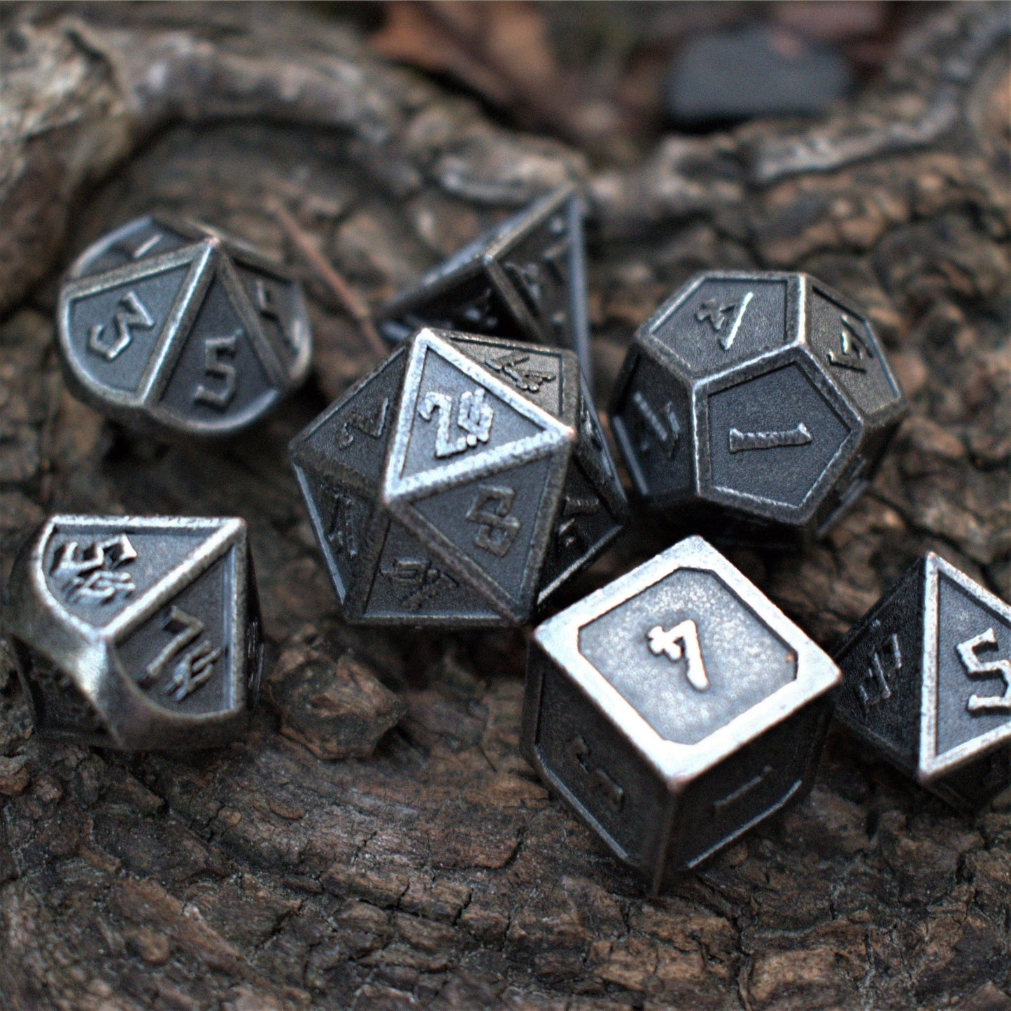 Elder Runes Battle-Worn Silver Metal Dice Set